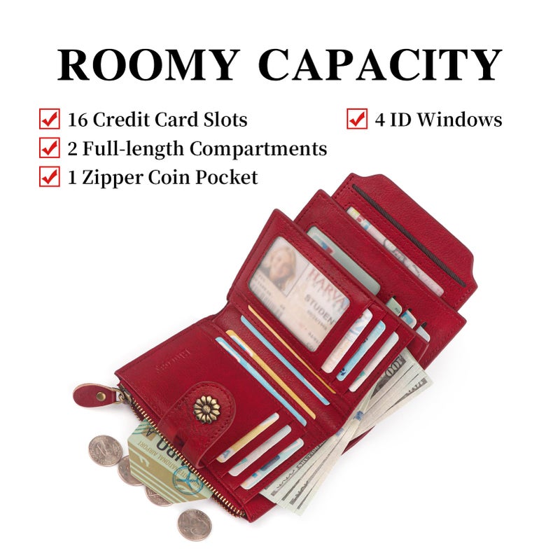 Blucoay Wallet Women,RFID Blocking Real Leather Womens Wallet Bifold Compact Card Holder Small Wallet for Women with Removable ID Window Red - Image 3