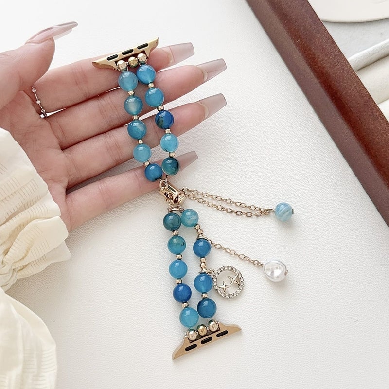1 Piece Womens Girls Vintage Watch Band Blue Navy Blue Gold Beaded Pearl Tassel Charm Star Moon Pendant Design Compatible Apple Watch Series 10 9 8 7 6 5 4 3 2 2024 42mm 44mm 45mm 46mm 49mm - Image 2