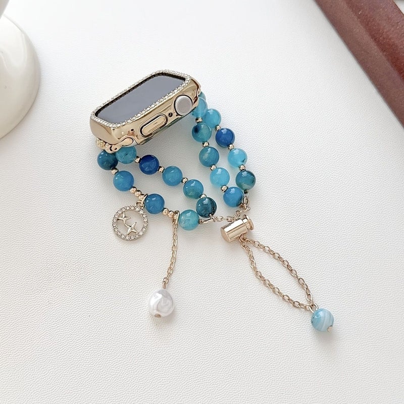 1 Piece Womens Girls Vintage Watch Band Blue Navy Blue Gold Beaded Pearl Tassel Charm Star Moon Pendant Design Compatible Apple Watch Series 10 9 8 7 6 5 4 3 2 2024 42mm 44mm 45mm 46mm 49mm - Image 4