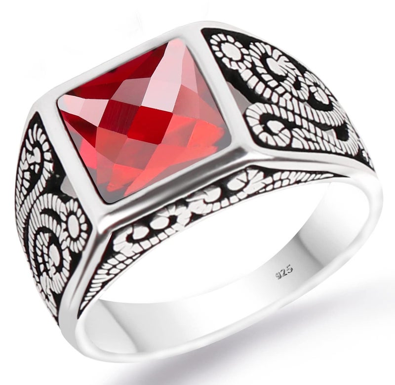 Solid 925 Sterling Silver Turkish Filigree Design Ring with Square Faceted Cut Simulated Red Ruby Stone Mens Band Ring 11