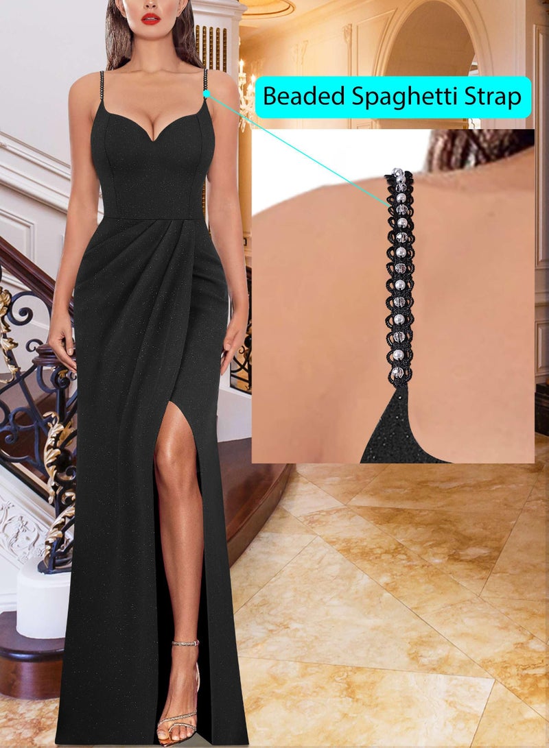 VFSHOW Womens Sexy Formal Prom Ruched Hight Slit Spaghetti Strap Maxi Dress Sweetheart Cocktail Wedding Guest Glitter Fitted Bodycon Evening Long Gown (Black, Small) 11181 BLK S - Image 3