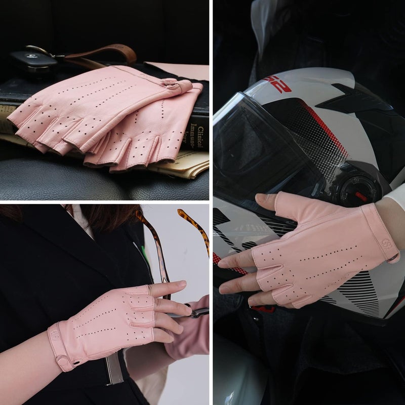 GSG Women's Fingerless Leather Driving Gloves - Pink, Size S - Image 3