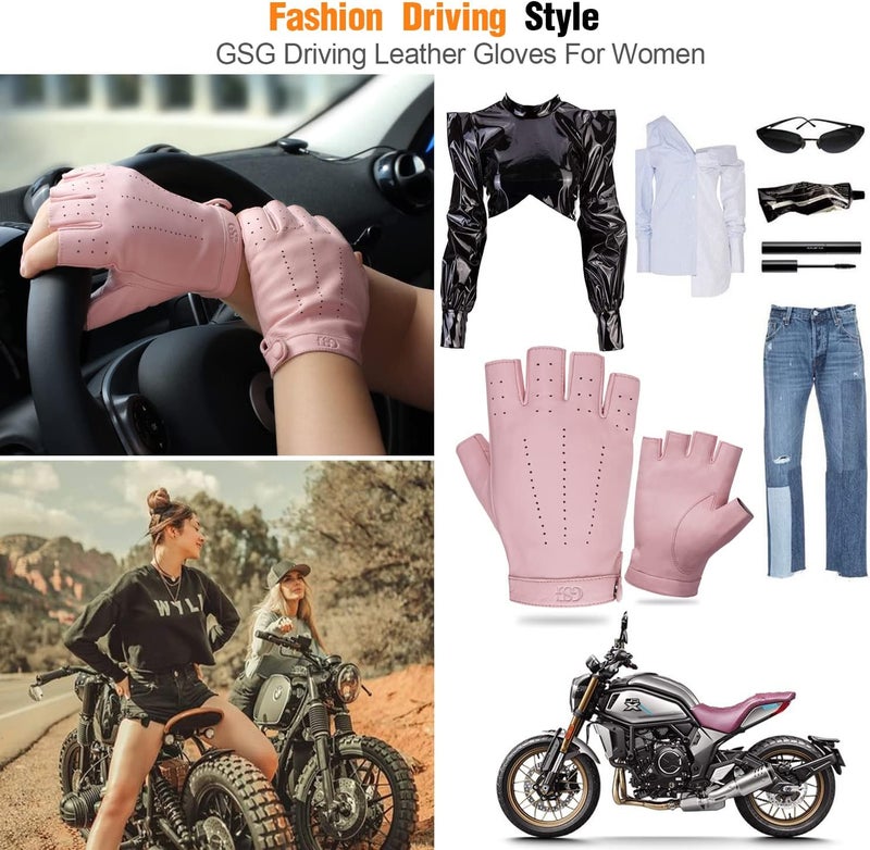 GSG Women's Fingerless Leather Driving Gloves - Pink, Size S - Image 2