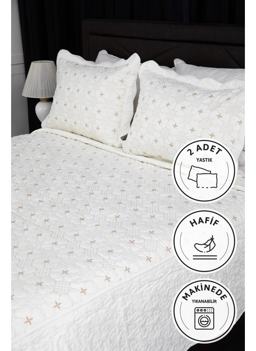 Favora Gonca Embroidered Quilted Double Bedspread - Gold