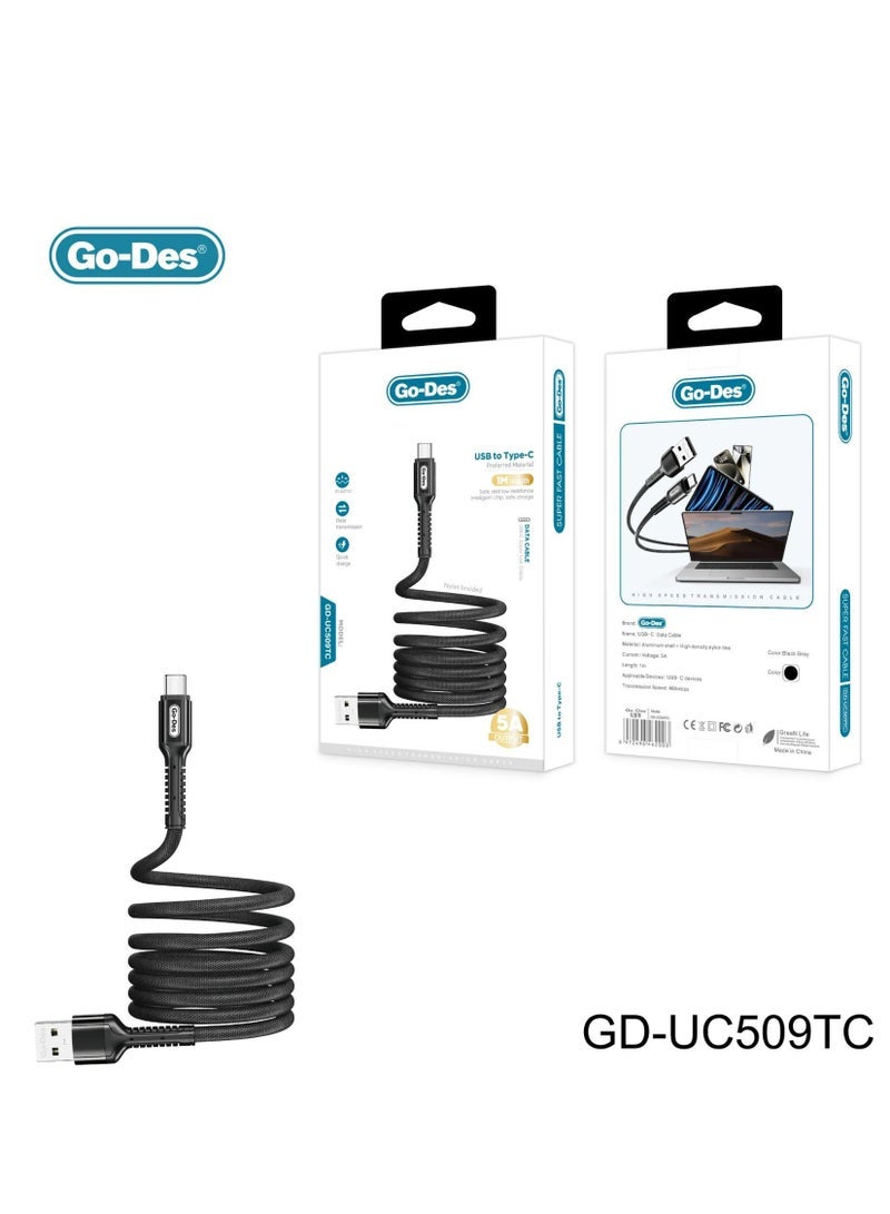 GO-DES USB To C-Type Superfast Charging Data cable Nylon Braided Wire Compatible With Samsung Huawei 1M Length-Black - Image 2