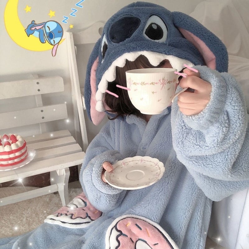 Stitch Cartoon Couple Pajamas Women'S Winter Coral Fleece Long Nightgown Set Home Clothes Men'S Fleece-Lined Thickened - Image 2