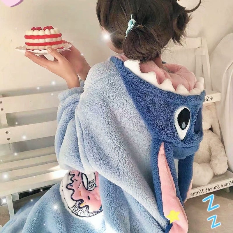 Stitch Cartoon Couple Pajamas Women'S Winter Coral Fleece Long Nightgown Set Home Clothes Men'S Fleece-Lined Thickened - Image 4