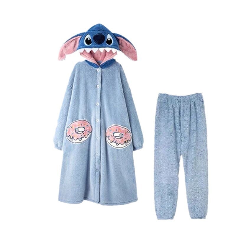 Stitch Cartoon Couple Pajamas Women'S Winter Coral Fleece Long Nightgown Set Home Clothes Men'S Fleece-Lined Thickened - Image 5