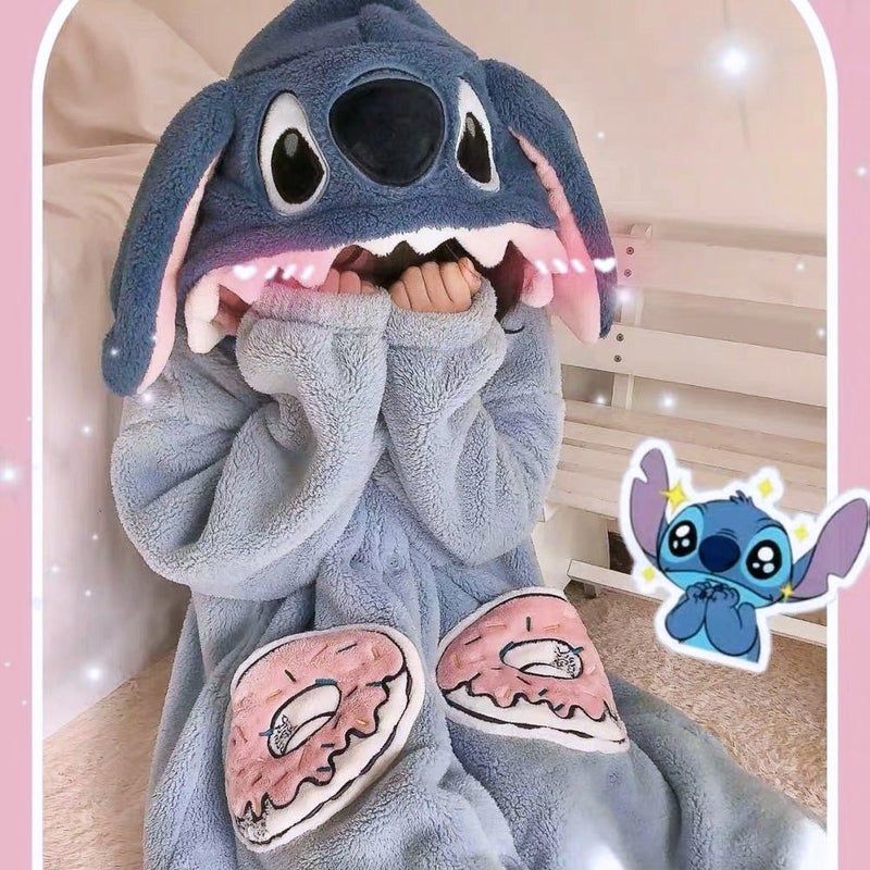 Stitch Cartoon Couple Pajamas Women'S Winter Coral Fleece Long Nightgown Set Home Clothes Men'S Fleece-Lined Thickened - Image 3