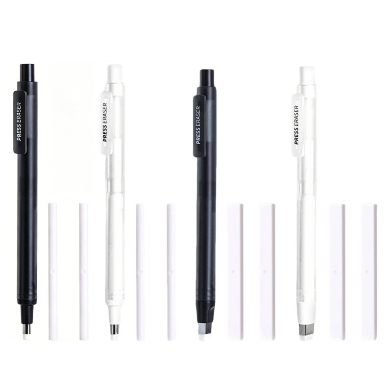 Eraser Pen: Push-Type Eraser, 4B Soft Dust-Free Compound, Precision Tip, Sharpen-Free Advancing Mechanism - Comfortable Ergonomic Grip, 4 Pens With 12 Square Round Cores, White + Black, For Artists St - Image 1