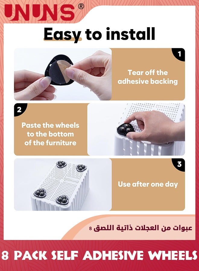 UNUNS 8pcs Self Adhesive Caster Wheels,Appliance Wheels Swivel Stainless Paste Universal Wheel,360 Degree Rotation Sticky Pulley For Kitchen Appliances - Image 3