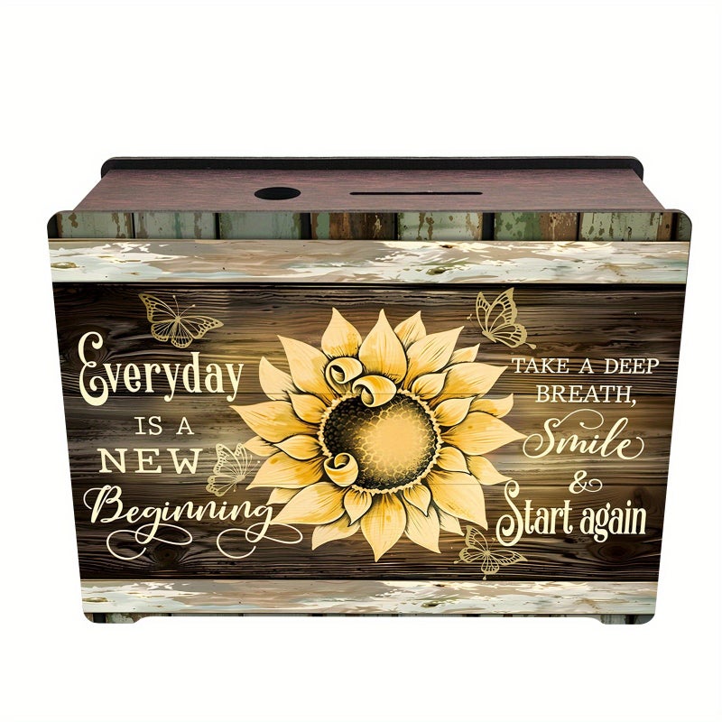 Wooden Sunflower Money Box Rectangular Coin Bank Desktop Storage for Home Office Gift - Image 3