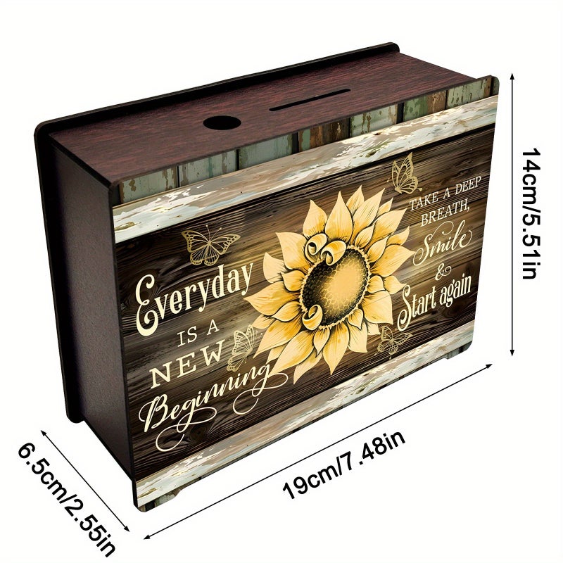 Wooden Sunflower Money Box Rectangular Coin Bank Desktop Storage for Home Office Gift - Image 2