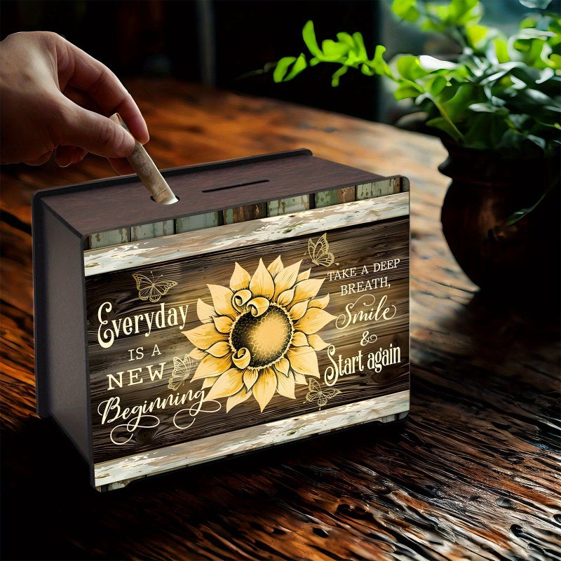 Wooden Sunflower Money Box Rectangular Coin Bank Desktop Storage for Home Office Gift - Image 5