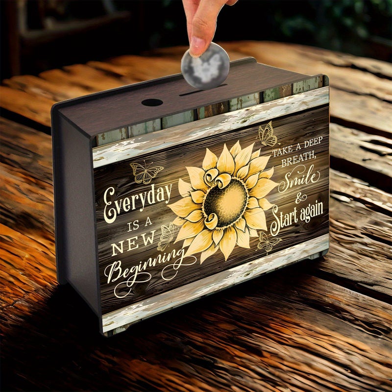 Wooden Sunflower Money Box Rectangular Coin Bank Desktop Storage for Home Office Gift - Image 1