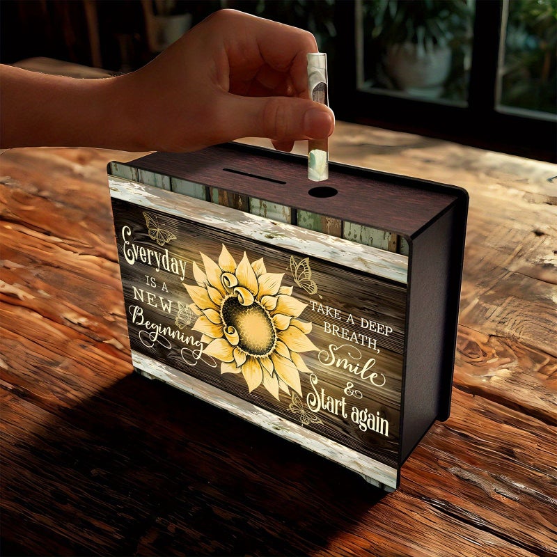 Wooden Sunflower Money Box Rectangular Coin Bank Desktop Storage for Home Office Gift - Image 4