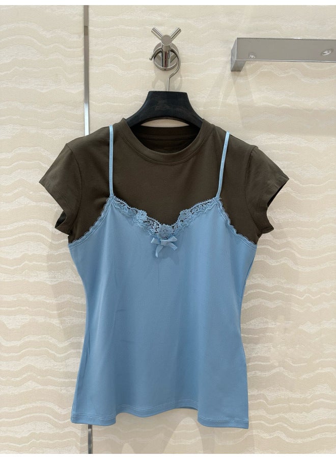AC 5405 Spring And Summer Cheng Xiao Same Style Fake Two-piece Design Contrast Color Round Neck Short-sleeved Top Casual All-match T-shirt 