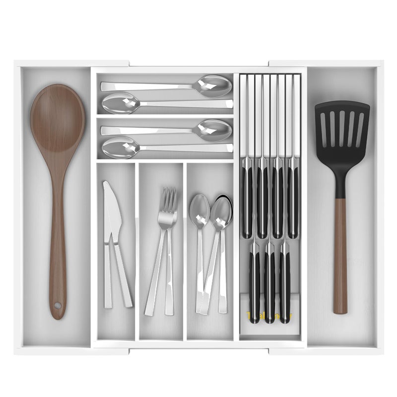 Thalomely Bamboo Kitchen Drawer Organizer, Expandable Silverware Organizer with Removable Knife Block, 6-8 Slots- Utensil Holder & Cutlery Tray Drawer Dividers, 2.36" Deep for Extra Capacity, White - Image 1