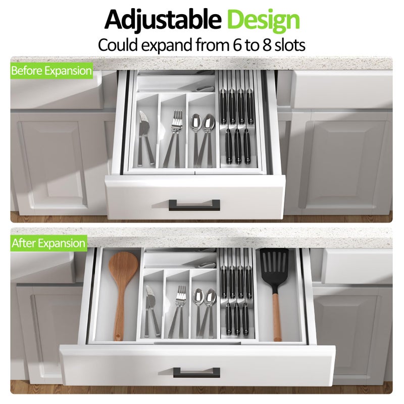 Thalomely Bamboo Kitchen Drawer Organizer, Expandable Silverware Organizer with Removable Knife Block, 6-8 Slots- Utensil Holder & Cutlery Tray Drawer Dividers, 2.36" Deep for Extra Capacity, White - Image 2