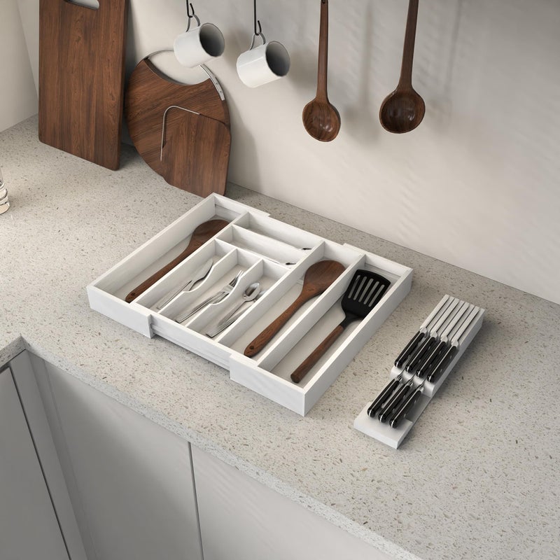 Thalomely Bamboo Kitchen Drawer Organizer, Expandable Silverware Organizer with Removable Knife Block, 6-8 Slots- Utensil Holder & Cutlery Tray Drawer Dividers, 2.36" Deep for Extra Capacity, White - Image 5