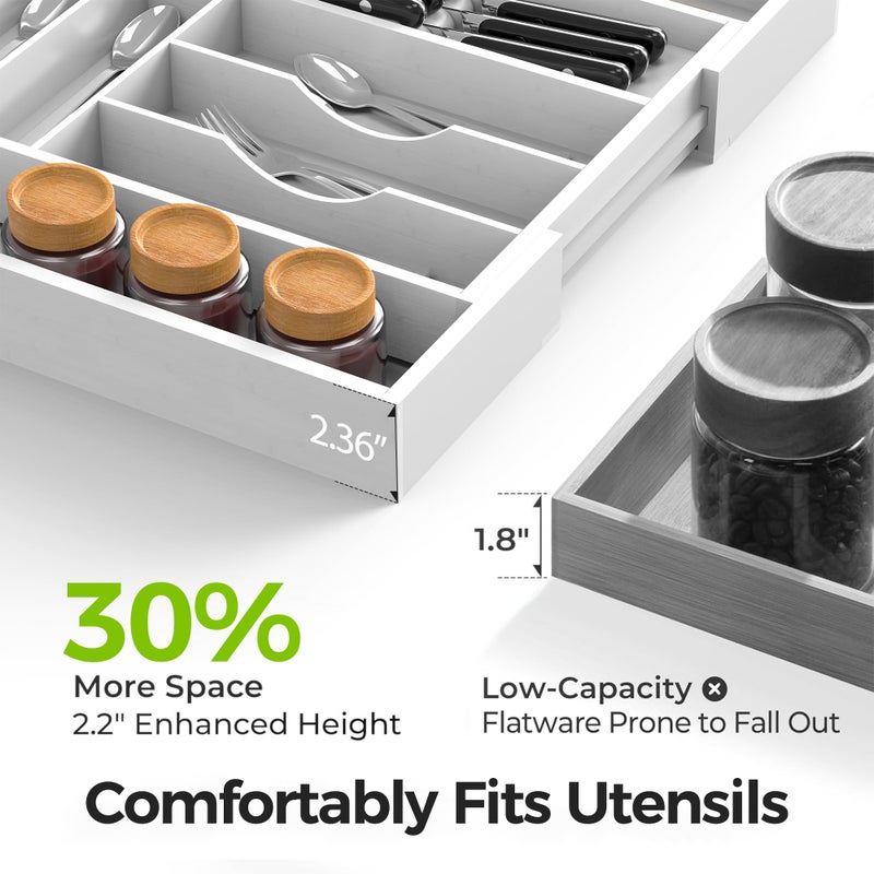 Thalomely Bamboo Kitchen Drawer Organizer, Expandable Silverware Organizer with Removable Knife Block, 6-8 Slots- Utensil Holder & Cutlery Tray Drawer Dividers, 2.36" Deep for Extra Capacity, White - Image 3