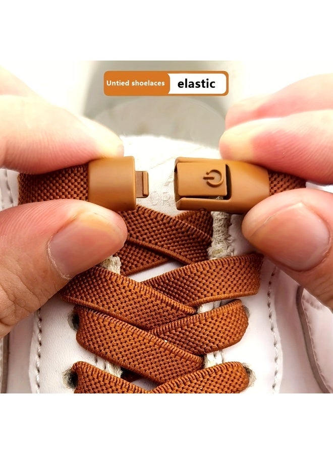 زوج واحد من أربطة الأحذية، 2 شريط مطاطي و2 مشبك، أربطة أحذية مرنة بلون سادة، أربطة أحذية كلاسيكية مناسبة للأحذية الرياضية الكاجوال (بني) - Image 1