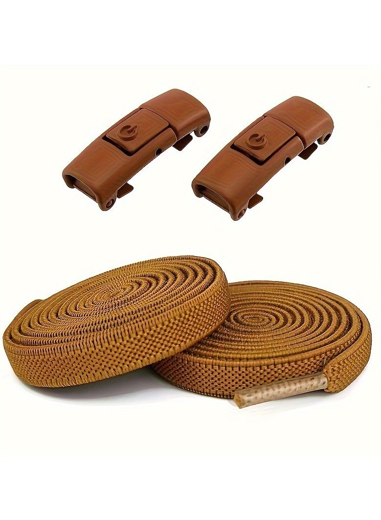 زوج واحد من أربطة الأحذية، 2 شريط مطاطي و2 مشبك، أربطة أحذية مرنة بلون سادة، أربطة أحذية كلاسيكية مناسبة للأحذية الرياضية الكاجوال (بني) - Image 2