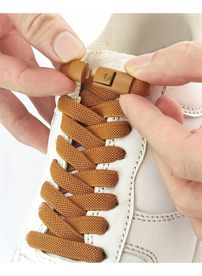 زوج واحد من أربطة الأحذية، 2 شريط مطاطي و2 مشبك، أربطة أحذية مرنة بلون سادة، أربطة أحذية كلاسيكية مناسبة للأحذية الرياضية الكاجوال (بني) - Image 3