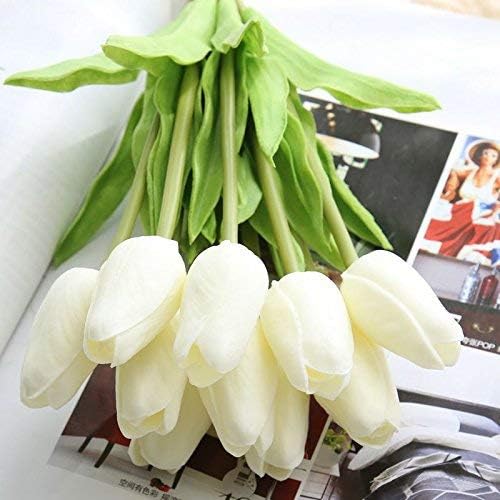 Gogdani 5 Pcs Artificial Tulip Flowers Bunches for Vase Cream34 Cm Home Decoration Items for Living Room Corner Table Top Bedroom Wedding Party Decorative Gift Set Vase Not Included Silk Plain White  - Image 4