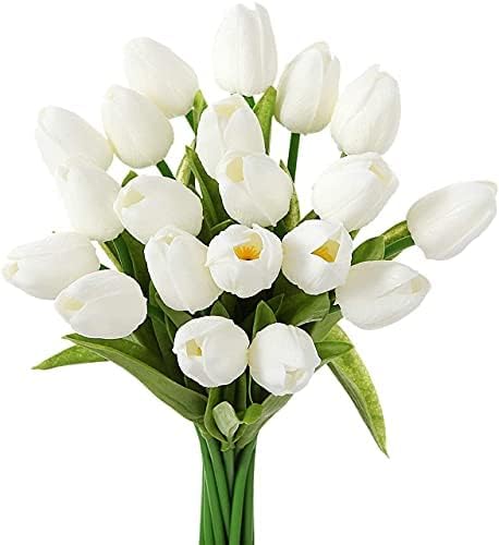 Gogdani 5 Pcs Artificial Tulip Flowers Bunches for Vase Cream34 Cm Home Decoration Items for Living Room Corner Table Top Bedroom Wedding Party Decorative Gift Set Vase Not Included Silk Plain White  - Image 5