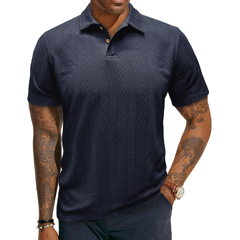 Men's Textured Jacquard Short Sleeve Polo Shirt with Turn-Down Collar - Image 2