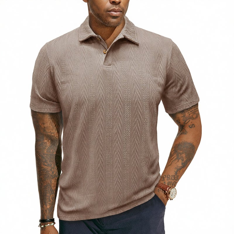 Men's Textured Jacquard Short Sleeve Polo Shirt with Turn-Down Collar - Image 1