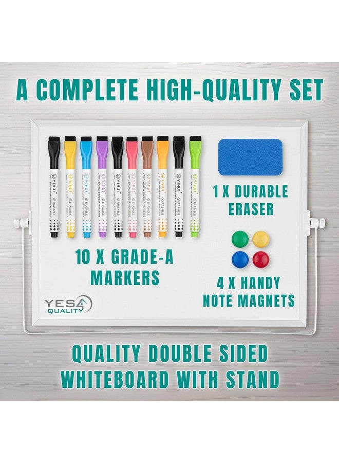 YES4QUALITY Agnetic Whiteboard (16” X 12”) W/Non-Slip Stand, Portable Desktop White Board For Kids W/ 10 Markers, 4 Magnets & 1 Eraser, Double-Sided Writing For Students & Office Use By Yes4Quality - Image 2