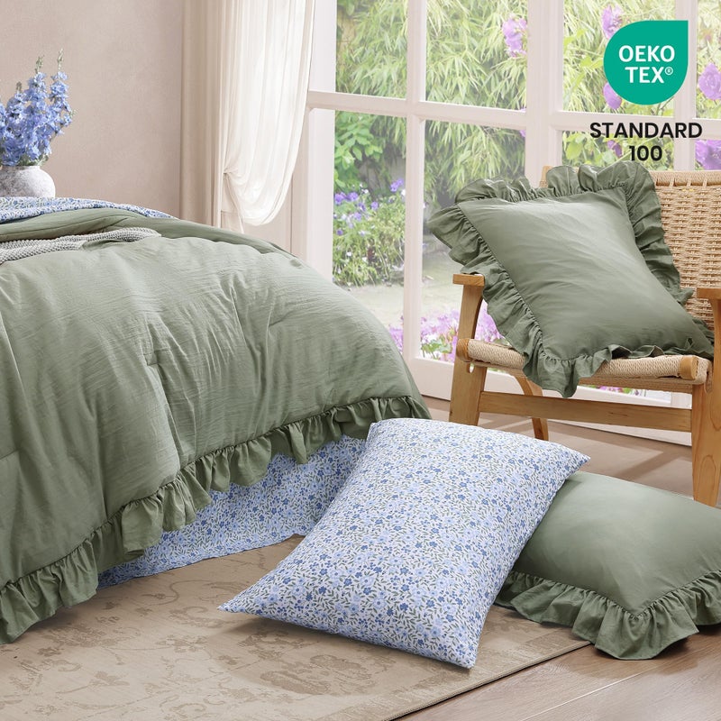 BLOOMHAVEN King Comforter Set - 7 Pieces Ruffle Sage Green Bedding Sets, Shabby Chic Farmhouse Bed in a Bag King with Ruffle Comforter, Floral Sheets, Pillowcases & Shams - Image 5
