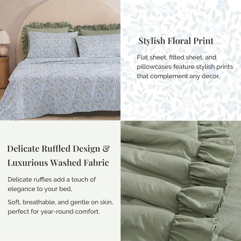 BLOOMHAVEN King Comforter Set - 7 Pieces Ruffle Sage Green Bedding Sets, Shabby Chic Farmhouse Bed in a Bag King with Ruffle Comforter, Floral Sheets, Pillowcases & Shams - Image 4