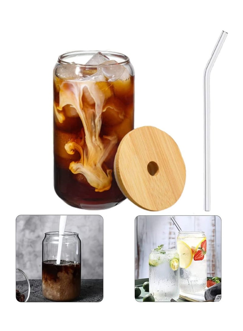 LEDIN Drinking Glasses Can Shaped with Bamboo Lids and Glass Straw 1pcs Set - 16oz (600ml) Coffee Soda Glass Beer Glasses Iced Coffee Glasses Cute Tumbler Cup Heat-Resistant Drink Glass  - Image 1