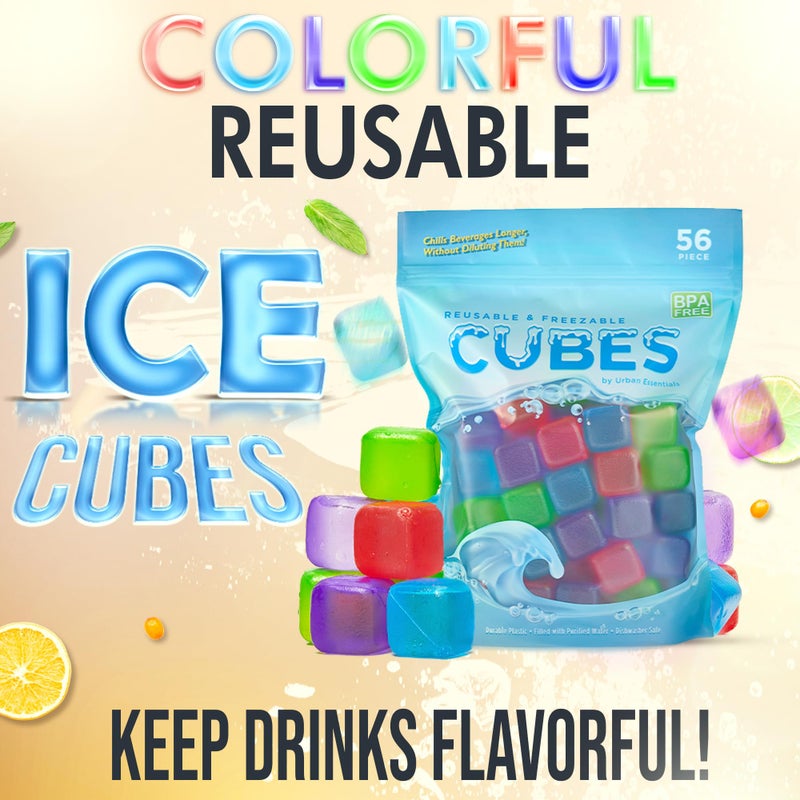 Urban Essentials Reusable Ice Cubes - Quick Freeze Colorful Plastic Square Ice cubes With Resealable Bag Assorted Colors Pack Of 56 - Image 2