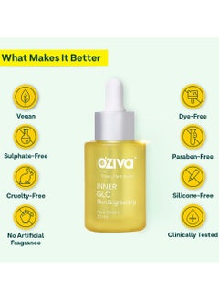OZiva Inner Glo Skin Brightening Face Serum, Skin Brightening Serum For Even Tone & Increased Radiance With Phyto Vitamin C, Rosehip Oil & Saffron, Face Serum For All Skin Types, 30ml  - Image 3