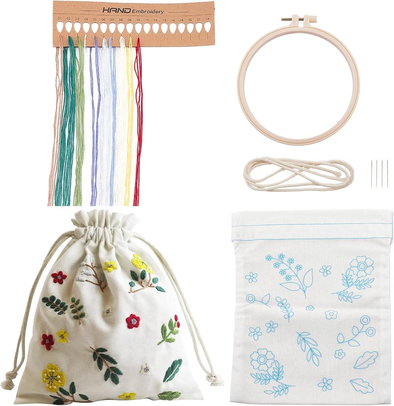klarako DIY Canvas Drawstring Pouch Embroidery Kit, Gift Sachet Bags Cross Stitch Kit Flower Pattern Candy Gift Bags Making Kit DIY Needlepoint Sewing Craft Bag Starter Kit for Holidays Party - Image 1