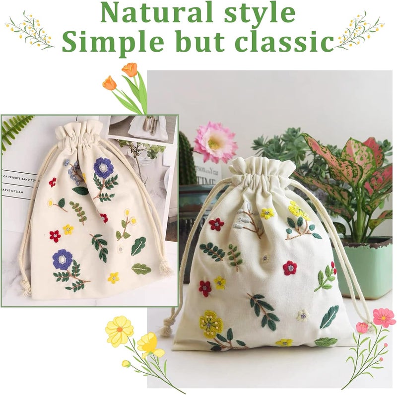 klarako DIY Canvas Drawstring Pouch Embroidery Kit, Gift Sachet Bags Cross Stitch Kit Flower Pattern Candy Gift Bags Making Kit DIY Needlepoint Sewing Craft Bag Starter Kit for Holidays Party - Image 4