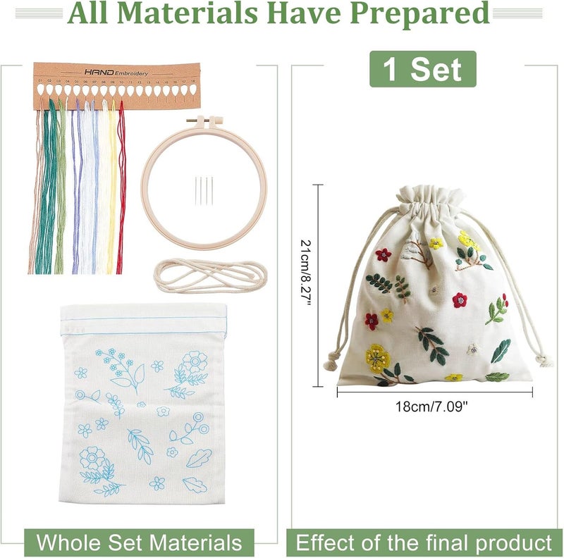 klarako DIY Canvas Drawstring Pouch Embroidery Kit, Gift Sachet Bags Cross Stitch Kit Flower Pattern Candy Gift Bags Making Kit DIY Needlepoint Sewing Craft Bag Starter Kit for Holidays Party - Image 3