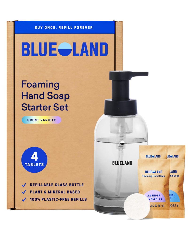 BLUELAND Hand Soap Starter Set, 1 Refillable Glass Foaming Hand Soap Dispenser in Slate with 4 Refill Tablets, Variety Scents, 4 x 9 Fl oz - Image 1