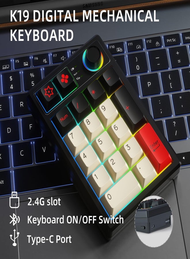 KEYCOOL K19 Wireless Numeric Keyboard, Mechanical Number Keypad Hot-swappable Bluetooth Numpad 5.0/2.4GHz, RGB Multi-Function Knob Numerical Keyboard for Laptop Mac Win iOS Android - Image 4