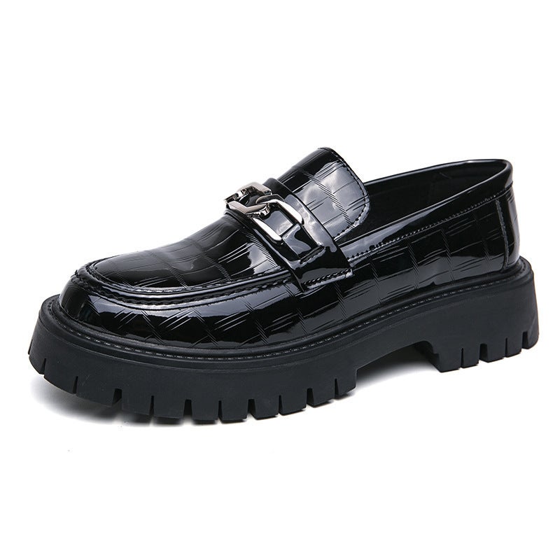 2024 New plus size 46 tassel loafers mens patent leather glossy thick heel platform increased leather shoes Black 