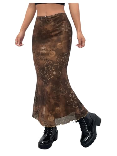 BEAUDRM Women's Floral Midi Skirt Boho Mesh High Waisted Bodycon Summer Skirts Coffee Brown Medium - Image 1