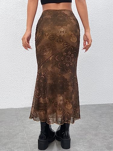 BEAUDRM Women's Floral Midi Skirt Boho Mesh High Waisted Bodycon Summer Skirts Coffee Brown Medium - Image 2