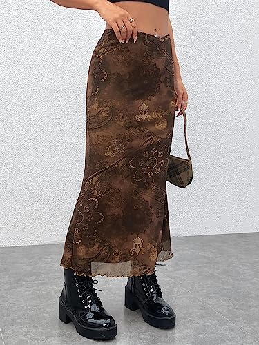 BEAUDRM Women's Floral Midi Skirt Boho Mesh High Waisted Bodycon Summer Skirts Coffee Brown Medium - Image 5