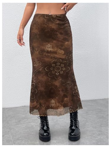 BEAUDRM Women's Floral Midi Skirt Boho Mesh High Waisted Bodycon Summer Skirts Coffee Brown Medium - Image 4