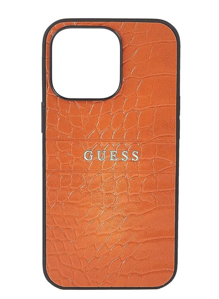 GUESS Guess Pu Leather Croco Case Hot Stamped Lines And Metal Logo For Iphone 13 Pro (6.1") - Orange - Image 1