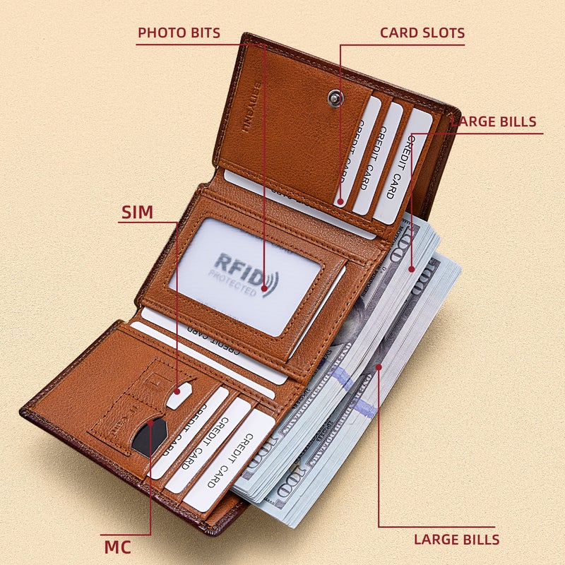 banyanu Men's Genuine Leather Tri-Fold Wallet with ID Window, 11 Card Slots, and 2 Bill Pockets; RFID Anti-Theft; Brown Leather Lining - Image 3